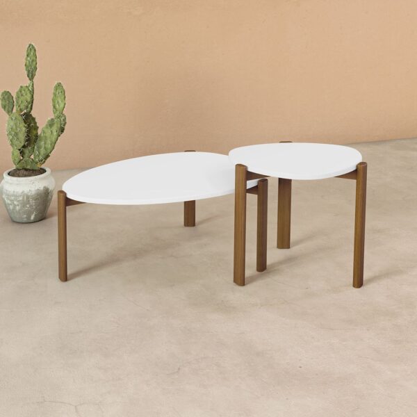 Manhattan Comfort Mid-Century Modern Gales End Table and Coffee Table with Solid Wood Legs in White