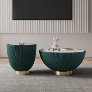 Manhattan Comfort Modern Anderson Coffee Table and End Table 2.0 Upholstered in Green Leatherette with Ceramic Faux Tabletop - Set of 2