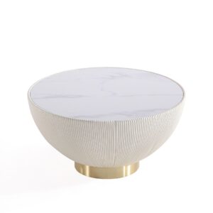 Manhattan Comfort Modern Anderson Coffee Table and End Table 1.0 Upholstered in Cream Leatherette with Ceramic Faux Tabletop and Gold Metal Tabletop- Set of 2