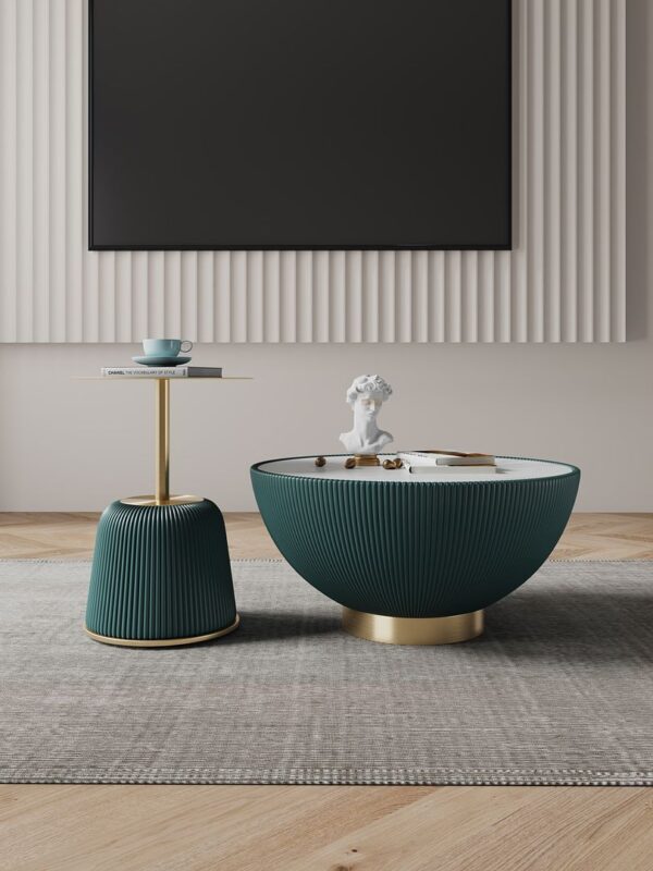 Manhattan Comfort Modern Anderson Coffee Table and End Table 1.0 Upholstered in Green Leatherette with Ceramic Faux Tabletop and Gold Metal Tabletop- Set of 2