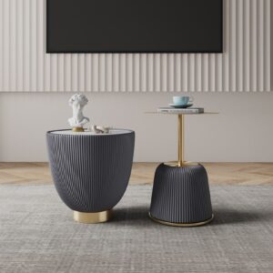 Manhattan Comfort Modern Anderson End Table 1.0 and End Table 2.0 Upholstered in Grey Leatherette with Ceramic Faux Tabletop and Gold Metal Tabletop- Set of 2