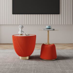 Manhattan Comfort Modern Anderson End Table 1.0 and End Table 2.0 Upholstered in Orange Leatherette with Ceramic Faux Tabletop and Gold Metal Tabletop- Set of 2