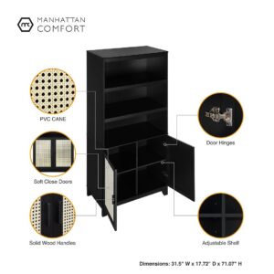 Manhattan Comfort Sheridan Modern Cane Bookcase with Adjustable Shelves in Black - Set of 2