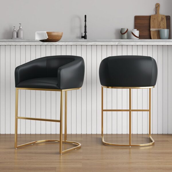 Manhattan Comfort Louvre Mid-Century Modern Leatherette Upholstered Barstool in Black and Titanium Gold- Set of 2