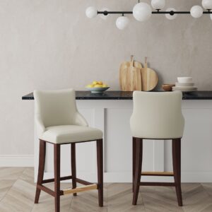 Manhattan Comfort Modern Shubert Barstool Upholstered in Ivory Leatherette with Beech Wood Legs - Set of 2