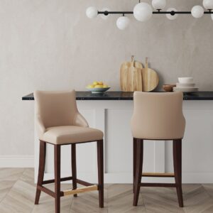 Manhattan Comfort Modern Shubert Barstool Upholstered in Tan Leatherette with Beech Wood Legs - Set of 2