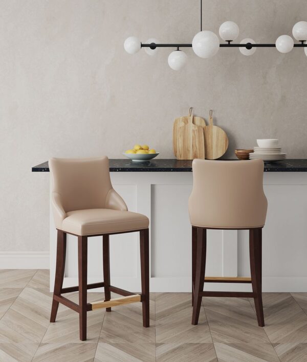 Manhattan Comfort Modern Shubert Barstool Upholstered in Tan Leatherette with Beech Wood Legs - Set of 2