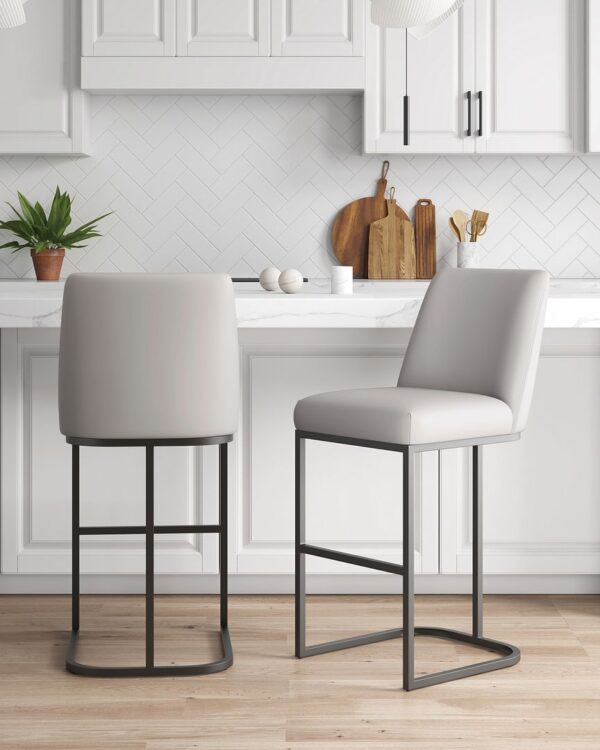 Manhattan Comfort Serena Modern Leatherette Upholstered Barstool in Light Grey - Set of 2