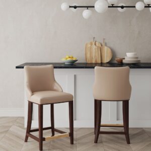 Manhattan Comfort Modern Shubert Counter Stool Upholstered in Tan Leatherette with Beech Wood Legs - Set of 2