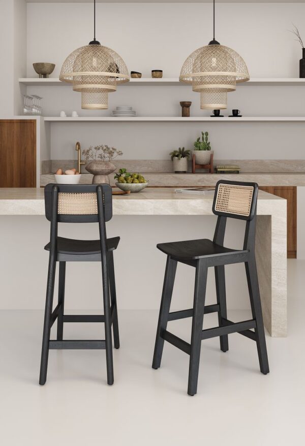 Manhattan Comfort Versailles Counter Stool in Black and Natural Cane - Set of 2