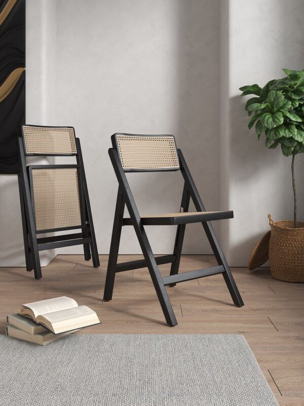 Manhattan Comfort Pullman Folding Dining Chair in Black and Natural Cane - Set of 4