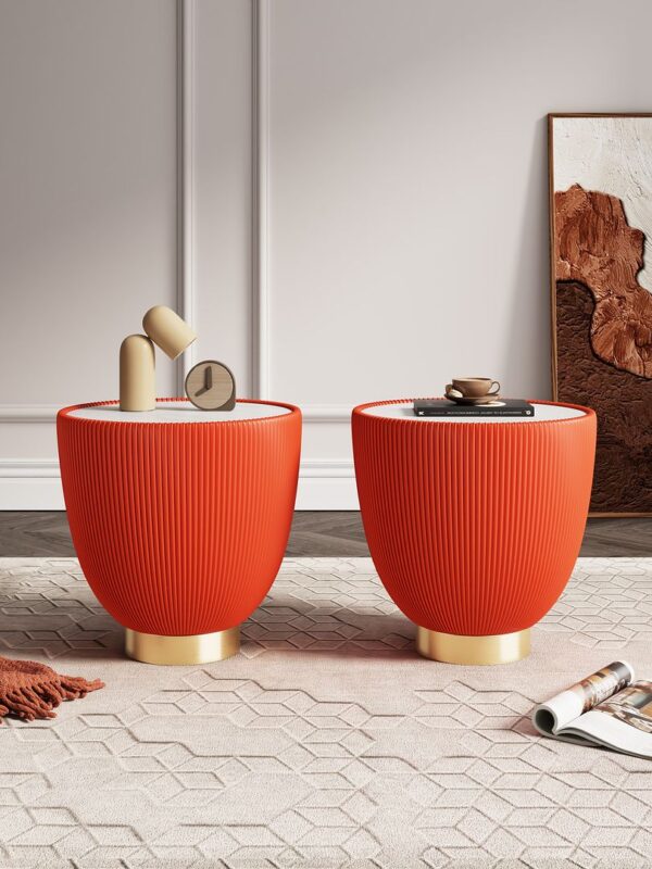 Manhattan Comfort Modern Anderson End Table 2.0 Upholstered in Orange Leatherette with Ceramic Faux Marble Tabletop - Set of 2