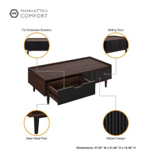 Manhattan Comfort Duane Modern Ribbed End Table and Coffee Table in Dark Brown and Black