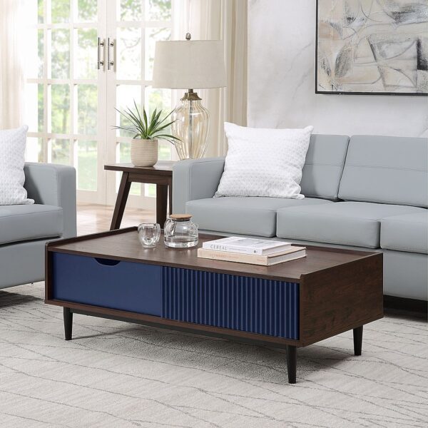 Manhattan Comfort Duane Modern Ribbed End Table and Coffee Table in Dark Brown and Navy Blue