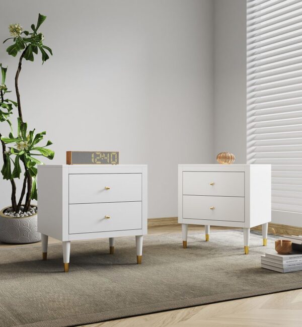 Manhattan Comfort Stanton Modern Nightstand with 2 Full Extension Drawers and Solid Wood Legs in White - Set of 2