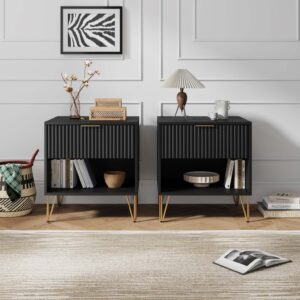 Manhattan Comfort DUMBO 1.0 Modern Nightstand with 1 Drawer and Metal Feet in Black- Set of 2