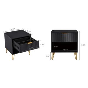 Manhattan Comfort DUMBO 1.0 Modern Nightstand with 1 Drawer and Metal Feet in Black- Set of 2