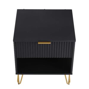 Manhattan Comfort DUMBO 1.0 Modern Nightstand with 1 Drawer and Metal Feet in Black- Set of 2