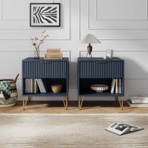 Manhattan Comfort DUMBO 1.0 Modern Nightstand with 1 Drawer and Metal Feet in Midnight Blue- Set of 2