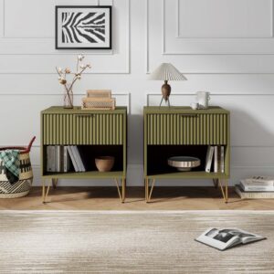 Manhattan Comfort DUMBO 1.0 Modern Nightstand with 1 Drawer and Metal Feet in Olive Green- Set of 2