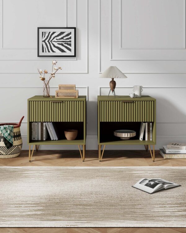 Manhattan Comfort DUMBO 1.0 Modern Nightstand with 1 Drawer and Metal Feet in Olive Green- Set of 2