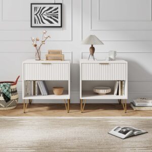 Manhattan Comfort DUMBO 1.0 Modern Nightstand with 1 Drawer and Metal Feet in White- Set of 2