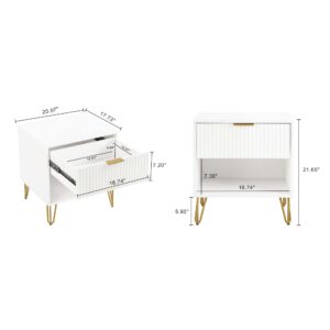 Manhattan Comfort DUMBO 1.0 Modern Nightstand with 1 Drawer and Metal Feet in White- Set of 2