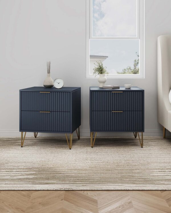 Manhattan Comfort DUMBO 2.0 Modern Nightstand with 2 Drawer and Metal Feet in Midnight Blue- Set of 2