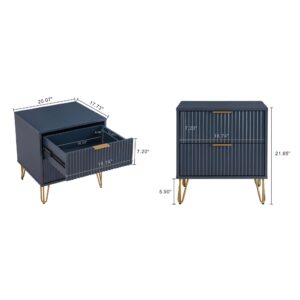 Manhattan Comfort DUMBO 2.0 Modern Nightstand with 2 Drawer and Metal Feet in Midnight Blue- Set of 2