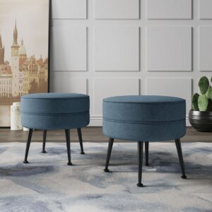 Manhattan Comfort Bailey Mid-Century Modern Woven Polyester Blend Upholstered Ottoman in Blue with Black Feet - Set of 2