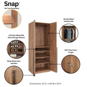 Manhattan Comfort Lee Modern Freestanding 2-Piece Module Wardrobe Closet with 1 Hanging Rod, 2 Drawers, 3 Shoe Compartments, and 5 Shelves in Golden Brown