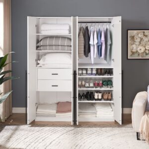 Manhattan Comfort Lee Modern Freestanding 2-Piece Module Wardrobe Closet with 1 Hanging Rod, 2 Drawers, 3 Shoe Compartments, and 5 Shelves in White