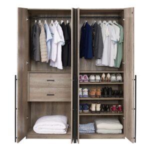 Manhattan Comfort Lee Modern Freestanding 2-Piece Module Wardrobe Closet with 2 Hanging Rods, 2 Drawers, 3 Shoe Compartments, and 2 Shelves in Rustic Grey