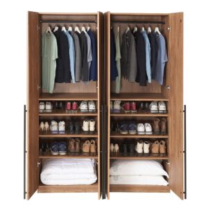 Manhattan Comfort Lee Modern Freestanding Wardrobe Closet 3.0 with 1 Hanging Rod, 3 Shoe Shelves, and 1 Basic Shelf in Golden Brown- Set of 2