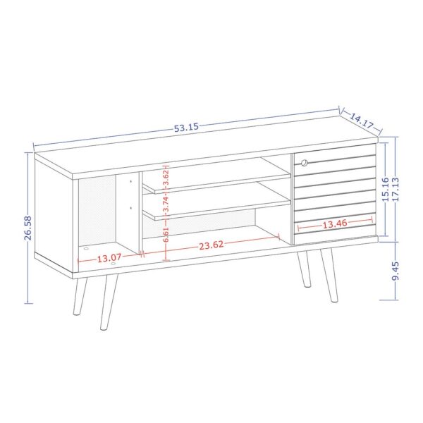 Manhattan Comfort Liberty 53.14" Mid-Century Modern TV Stand with 5 Shelves and 1 Door in White with Solid Wood Legs