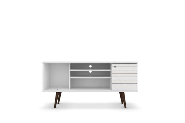 Manhattan Comfort Liberty 53.14" Mid-Century Modern TV Stand with 5 Shelves and 1 Door in White with Solid Wood Legs