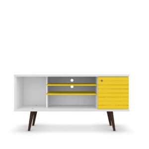 Manhattan Comfort Liberty 53.14" Mid-Century Modern TV Stand with 5 Shelves and 1 Door in White and Yellow with Solid Wood Legs