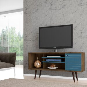 Manhattan Comfort Liberty 53.14" Mid-Century Modern TV Stand with 5 Shelves and 1 Door in Rustic Brown and Aqua Blue with Solid Wood Legs