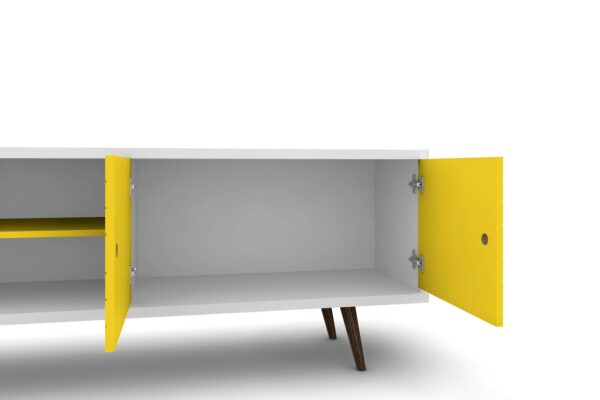 Manhattan Comfort Liberty 62.99" Mid-Century Modern TV Stand with 3 Shelves and 2 Doors in White and Yellow with Solid Wood Legs