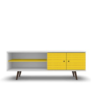 Manhattan Comfort Liberty 62.99" Mid-Century Modern TV Stand with 3 Shelves and 2 Doors in White and Yellow with Solid Wood Legs