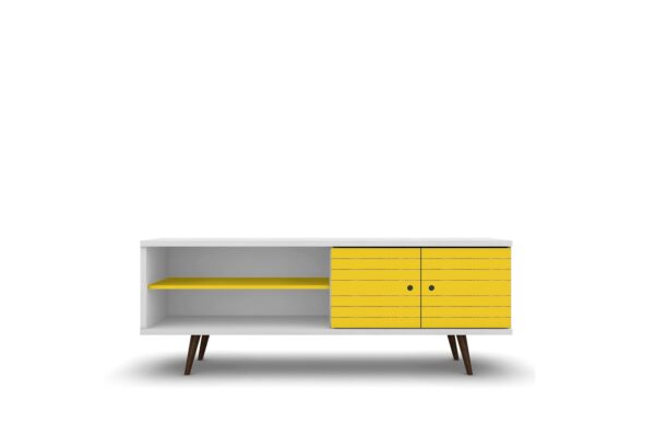 Manhattan Comfort Liberty 62.99" Mid-Century Modern TV Stand with 3 Shelves and 2 Doors in White and Yellow with Solid Wood Legs