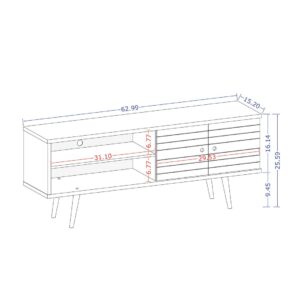 Manhattan Comfort Liberty 62.99" Mid-Century Modern TV Stand with 3 Shelves and 2 Doors in White and Rustic Brown with Solid Wood Legs