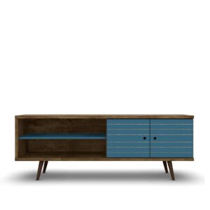 Manhattan Comfort Liberty 62.99" Mid-Century Modern TV Stand with 3 Shelves and 2 Doors in Rustic Brown and Aqua Blue with Solid Wood Legs