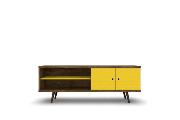 Manhattan Comfort Liberty 62.99" Mid-Century Modern TV Stand with 3 Shelves and 2 Doors in Rustic Brown and Yellow with Solid Wood Legs