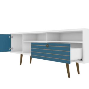 Manhattan Comfort Liberty 70.86" Mid-Century Modern TV Stand with 4 Shelving Spaces and 1 Drawer in White and Aqua Blue with Solid Wood Legs