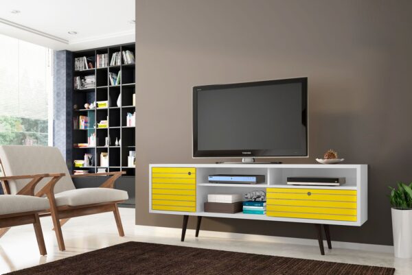 Manhattan Comfort Liberty 70.86" Mid-Century Modern TV Stand with 4 Shelving Spaces and 1 Drawer in White and Yellow with Solid Wood Legs