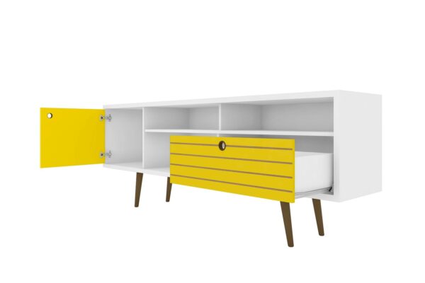 Manhattan Comfort Liberty 70.86" Mid-Century Modern TV Stand with 4 Shelving Spaces and 1 Drawer in White and Yellow with Solid Wood Legs