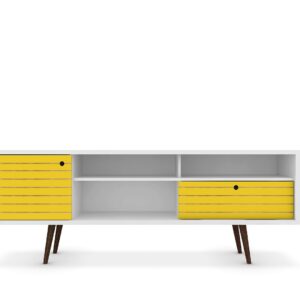 Manhattan Comfort Liberty 70.86" Mid-Century Modern TV Stand with 4 Shelving Spaces and 1 Drawer in White and Yellow with Solid Wood Legs