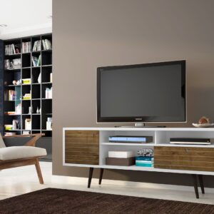 Manhattan Comfort Liberty 70.86" Mid-Century Modern TV Stand with 4 Shelving Spaces and 1 Drawer in White and Rustic Brown with Solid Wood Legs