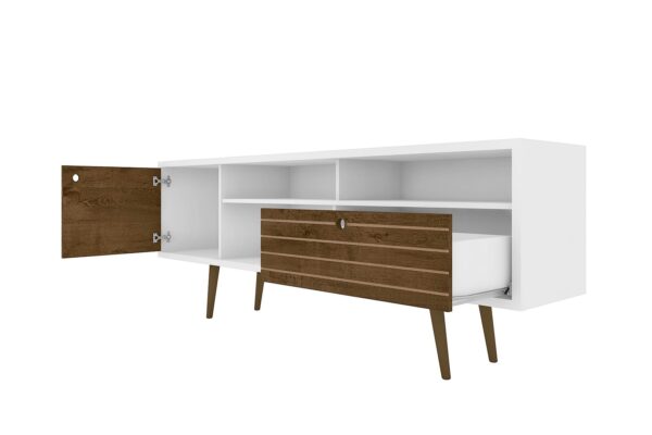 Manhattan Comfort Liberty 70.86" Mid-Century Modern TV Stand with 4 Shelving Spaces and 1 Drawer in White and Rustic Brown with Solid Wood Legs